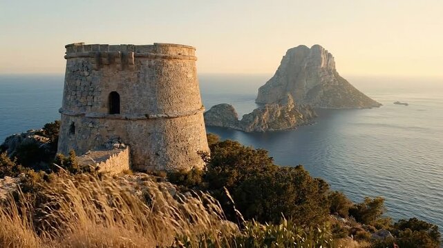 Ancient stone watchtower stands on a cliff overlooking the sea and Es Vedra island at sunset. Peaceful Mediterranean landscape with historic architecture. Great for travel and tourism content.