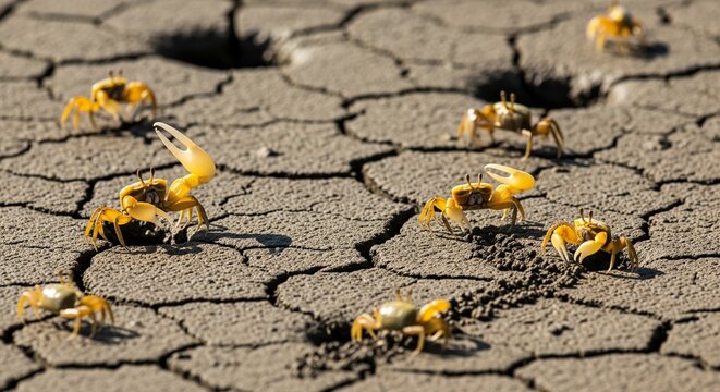 Yellow Fiddler Crabs on Dry Cracked Mud Ground