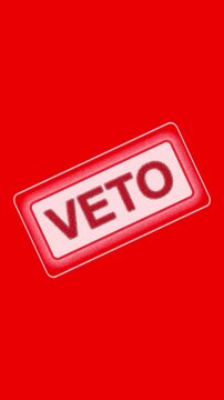 Red veto stamp imprint on bright red background with texture wave. Rejection sign symbol for failed corporate business proposal contract. Animated graphic.