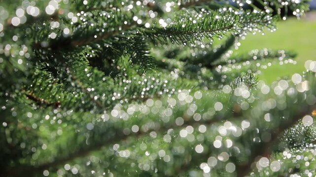 Glistening Water Droplets on Tree Branch, Post-Rain Sunlight - Seamless Loop - Zooming