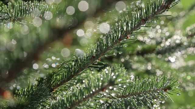 Glistening Water Droplets on Tree Branch, Post-Rain Sunlight - Seamless Loop - Zooming