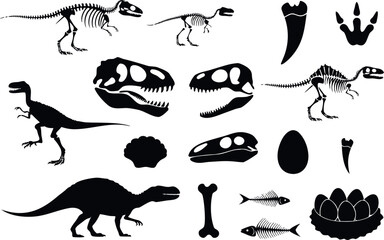 Set of dinosaur silhouettes, skeletons, skulls, bones, eggs, and fossils © Abdur