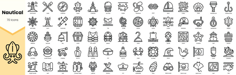 A diverse collection of 70 nautical-themed icons featuring ships, marine life, and navigation tools. © TriMaker Pro