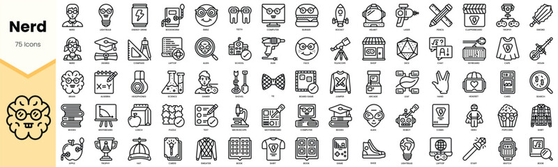 A collection of 75 playful nerd-themed line icons representing science, literature, and hobbies. © TriMaker Pro