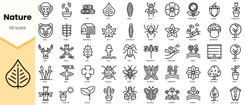 A collection of 50 minimalist nature icons featuring animals, plants, and elements, perfect for eco-friendly themes.