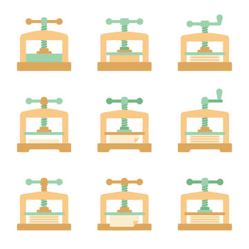 Set of nine wooden printing press icons in flat style, manual screw mechanism for document binding, bookbinding equipment, craft tools