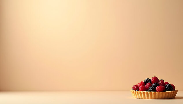 Fresh Mixed Berry Tart on Warm Minimal Background with Copy Space, Artisan Fruit Pastry Dessert Banner