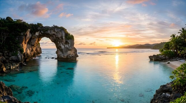 Stunning sunset over a natural limestone rock arch formation in a turquoise tropical lagoon in sumba indonesia