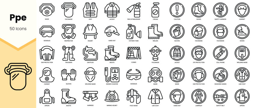 A comprehensive collection of 50 black and white icons representing personal protective equipment (PPE), including helmets, gloves, and masks.