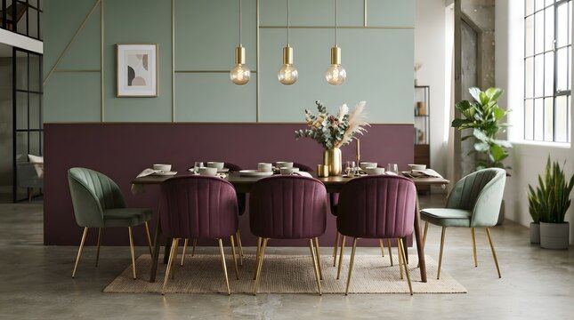 Modern dining room interior with velvet chairs and a dark wooden table in a stylish contemporary home setting