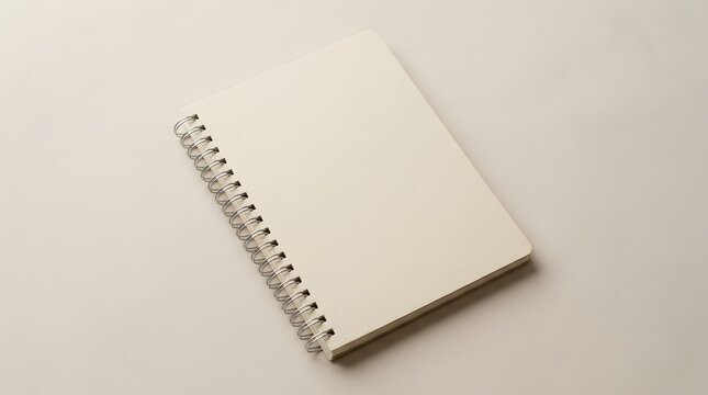 A blank white spiral notebook lying on a clean neutral background for creative business or education design projects