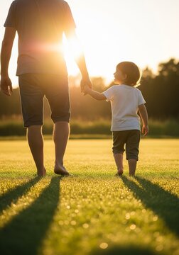 Father and young son walking hand in hand across a field during golden hour sunset