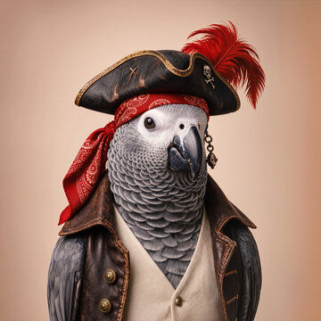 African grey parrot dressed as pirate with tricorn hat, red bandana and leather coat. Bird portrait, costume, adventure and animal humor concept