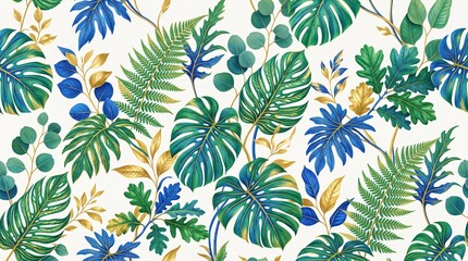 Fototapeta premium Botanical Pattern with Vibrant Blue and Green Tropical Leaves and Elegant Gold Foliage