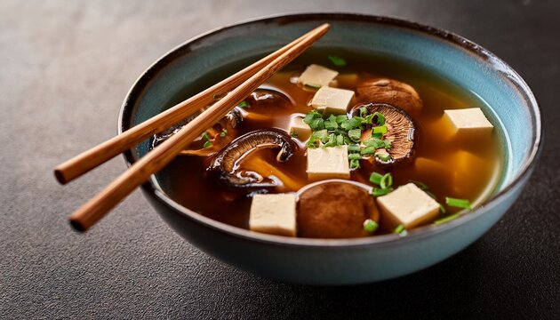 asian fusion dashi wellness broth with shiitake reishi mushrooms and tofu in ceramic bowl