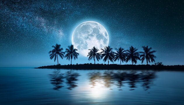tropical landscape under starry night sky big moon reflected in calm water and palm trees on the shore
