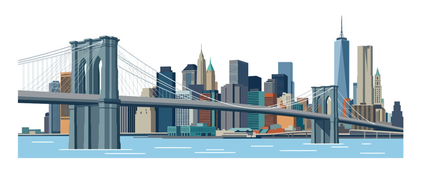 Brooklyn Bridge and Manhattan Skyline New York City Vector Illustration