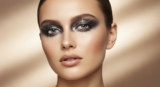 woman with dramatic smokey eye makeup and sparkle highlights, glamour beauty portrait