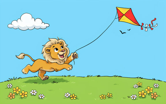 Cartoon of a cute lion cub running on a grassy field and flying a colorful kite under a bright blue sky with a single cloud