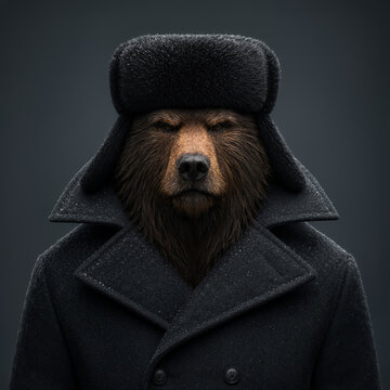 Brown bear wearing black ushanka and winter coat on dark background. Cold weather, animal portrait, winter fashion and humor concept
