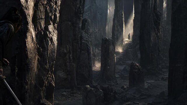 Ancient Stone Pillars: Sunbeams pierce through the gloom of an ancient, mysterious stone forest, illuminating weathered pillars and creating an atmospheric and dramatic scene.