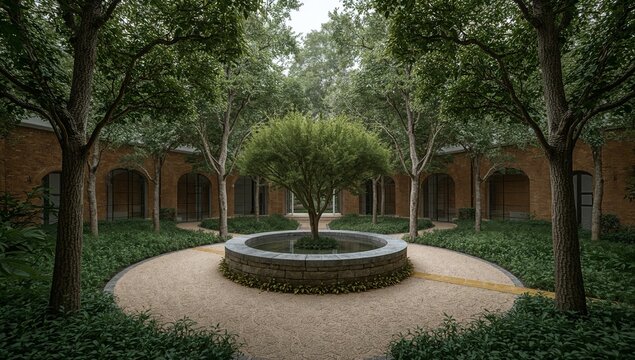Quiet Garden With Trees and Seating Areas in a Modern Building