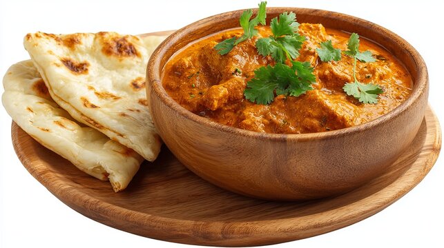 A delicious bowl of creamy butter chicken curry served with warm, freshly baked naan bread on a rustic wooden plate, a flavorful Indian meal
