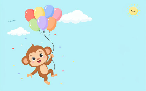 Cute cartoon monkey holding a bunch of colorful balloons floating in a light blue sky with white clouds and a smiling sun in the background