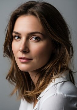 Close-up portrait of a gorgeous woman with dark blonde hair wearing a white shirt on a simple grey backdrop.
