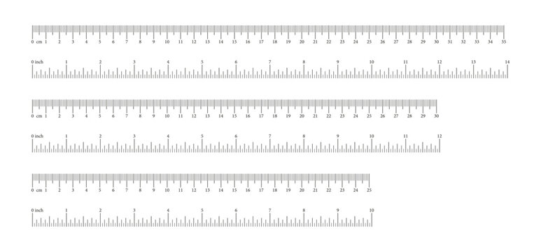 Metrics indicator 25, 30, 35 cm, 10, 12, 14 inch. Inch, metric rulers set. Inches, centimeters simple measuring scales for ruler. Measuring tool, scales flat icons.