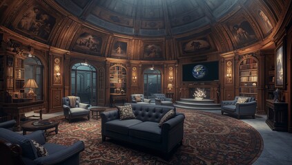 Obraz premium A Cozy Room With Bookshelves and a Large Screen Showing Earth in the Evening