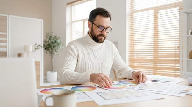 An interior designer male working at a table in his office
