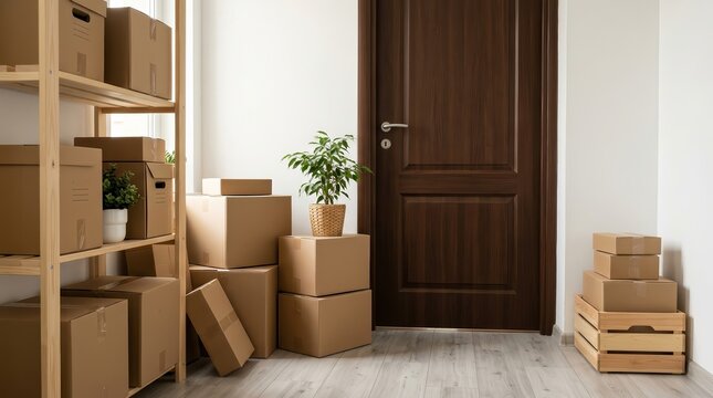 Many parcels and houseplants near a door with a shelving unit in a hallway interior