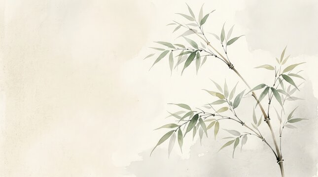 Minimalist watercolor painting of bamboo branches on a soft beige textured paper background for zen interior design