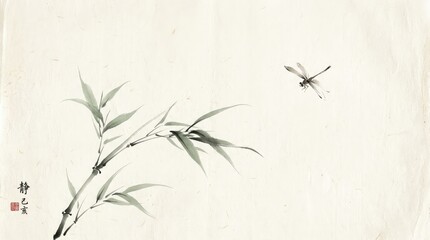 Obraz premium Minimalist ink wash painting of bamboo branches and a flying dragonfly in traditional east asian art style