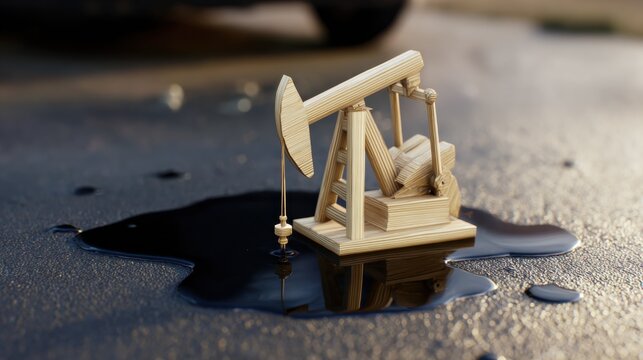 Wooden oil pump model sits on wet ground near dark vehicle under sunlight
