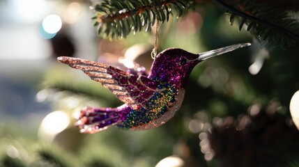 Obraz premium Colorful hummingbird ornament hangs from a tree branch during a holiday celebration
