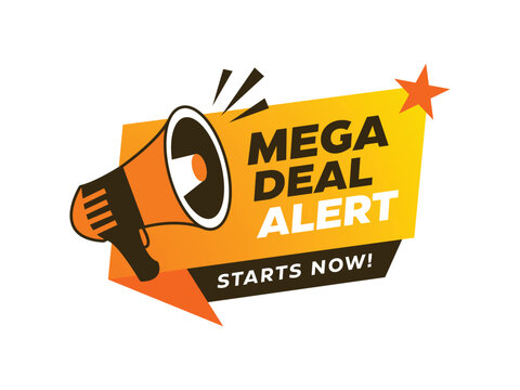 A megaphone announcing a mega deal alert in a vibrant orange and yellow vector graphic