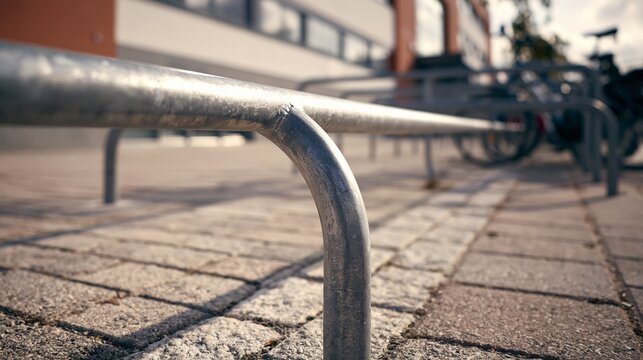 School Bicycle Rack Infrastructure with Metal Spacing Bar on Pavement