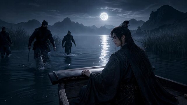 Mysterious Night Journey: Silhouetted figures traverse a moonlit lake at night, their path illuminated by a luminous full moon, evoking a sense of adventure and intrigue.