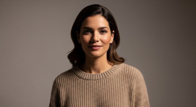 Portrait of a attractive young woman in a beige knit ribbed sweater looking softly at the camera against a neutral grey studio background.