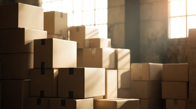 Boxes stacked in a large warehouse with sunlight shining through windows in the late afternoon