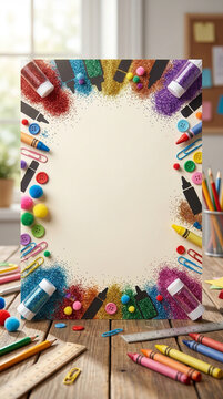 Craft border of school supplies and colorful glitter with empty space for creative lettering.