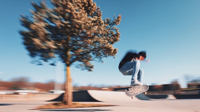 Skater performs a trick in a skate park during a sunny day