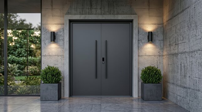 Entrance featuring a matte gray double door, textured concrete walls, and minimalist plants in square planters
