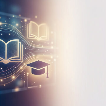 Glowing education background with abstract lines, open books, graduation cap, modern learning.