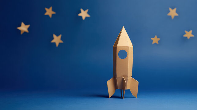 Paper rocket stands on blue background with stars around it