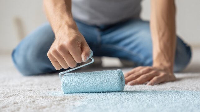 Person paints a surface with a blue roller while sitting on the floor