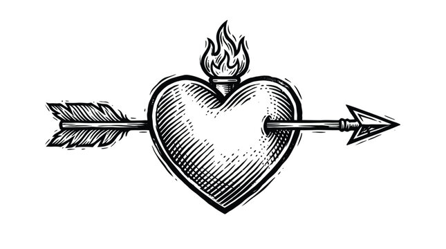 Engraved illustration of a flaming heart pierced by a sharp arrow in a classic style