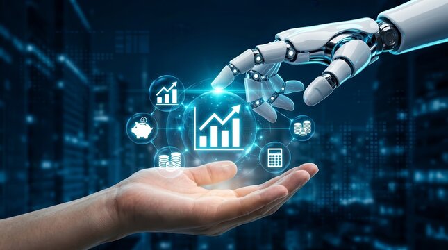 Data analysis and technology concept featuring a robot hand interacting with financial growth icons.